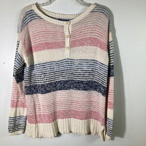 Womens Chaps Linen Henley Sweater Stripes Pink Blue Cream S‎ Linen Cotton